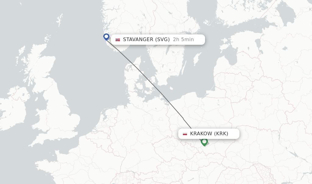 Flights from Krakow to Stavanger route map