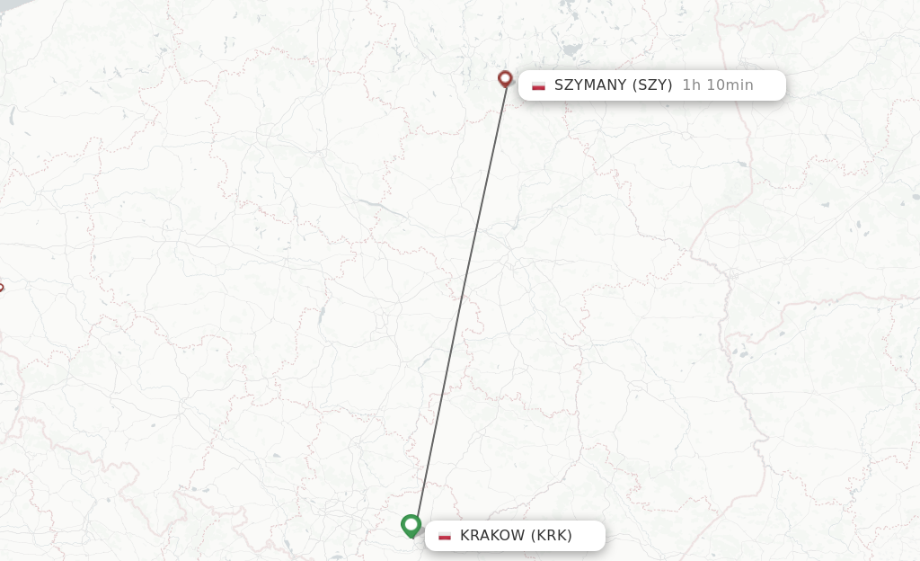 Flights from Krakow to Szymany route map