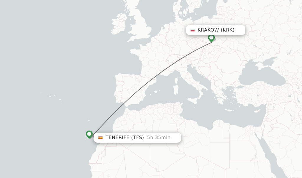 Flights from Krakow to Tenerife route map