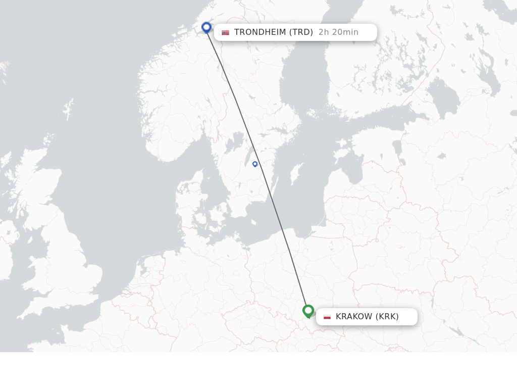 Flights from Krakow to Trondheim route map