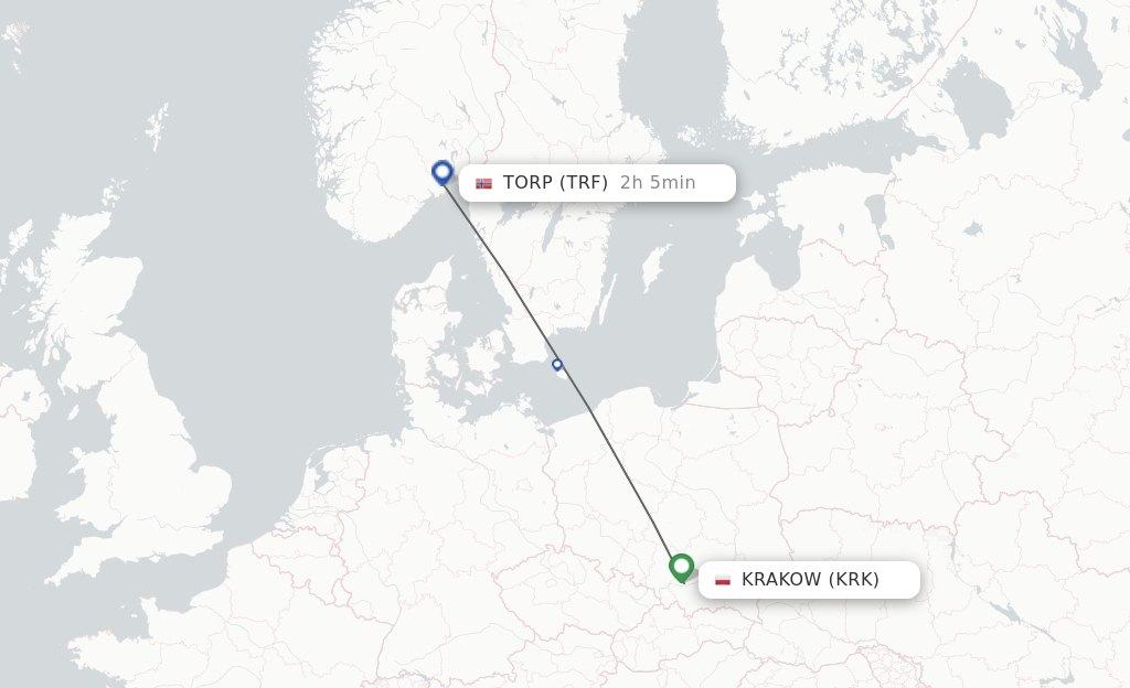 Flights from Krakow to Sandefjord route map