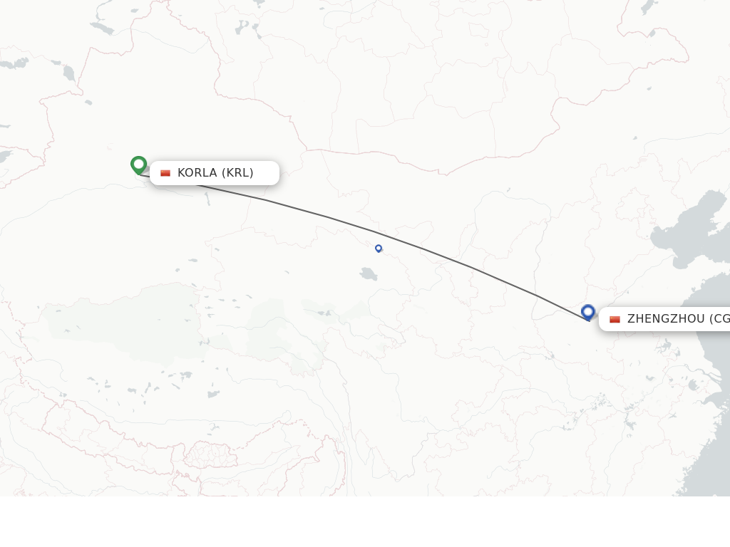 Flights from Korla to Zhengzhou route map