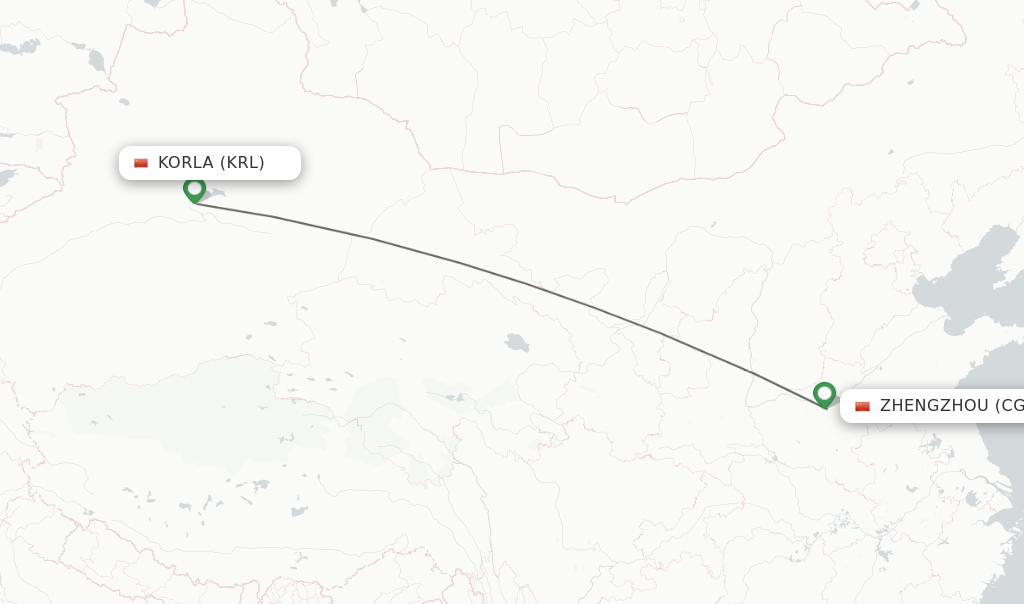 Flights from Korla to Zhengzhou route map