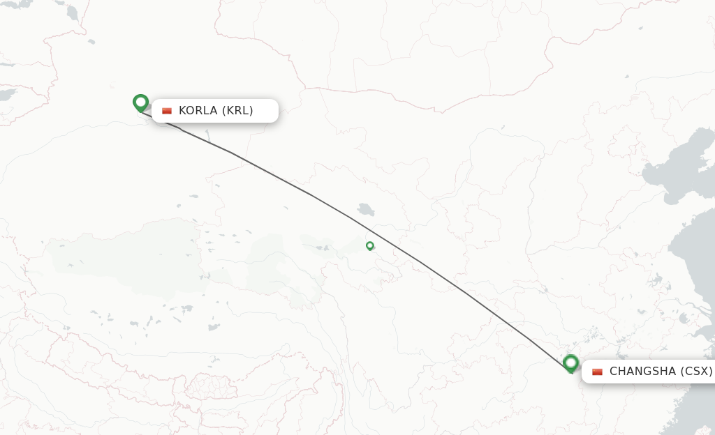 Flights from Korla to Changsha route map