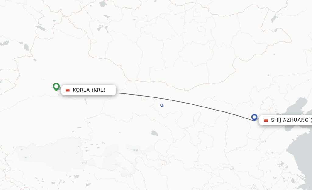 Flights from Korla to Shijiazhuang route map