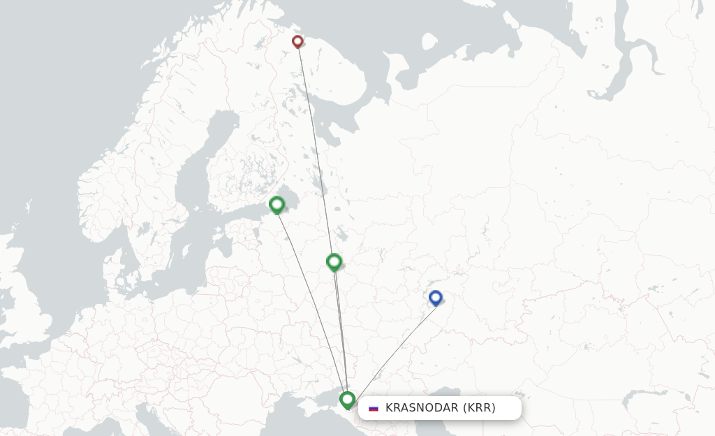 Route map with flights from Krasnodar with Smartavia