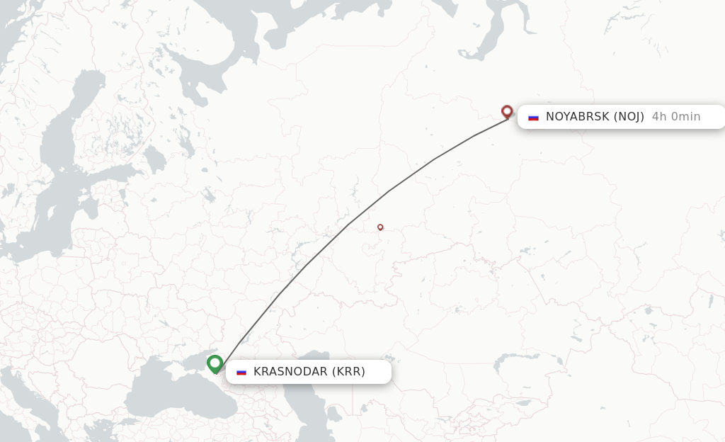 Flights from Krasnodar to Nojabrxsk route map