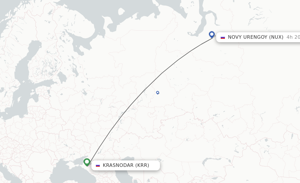 Flights from Krasnodar to Novyj Urengoj route map