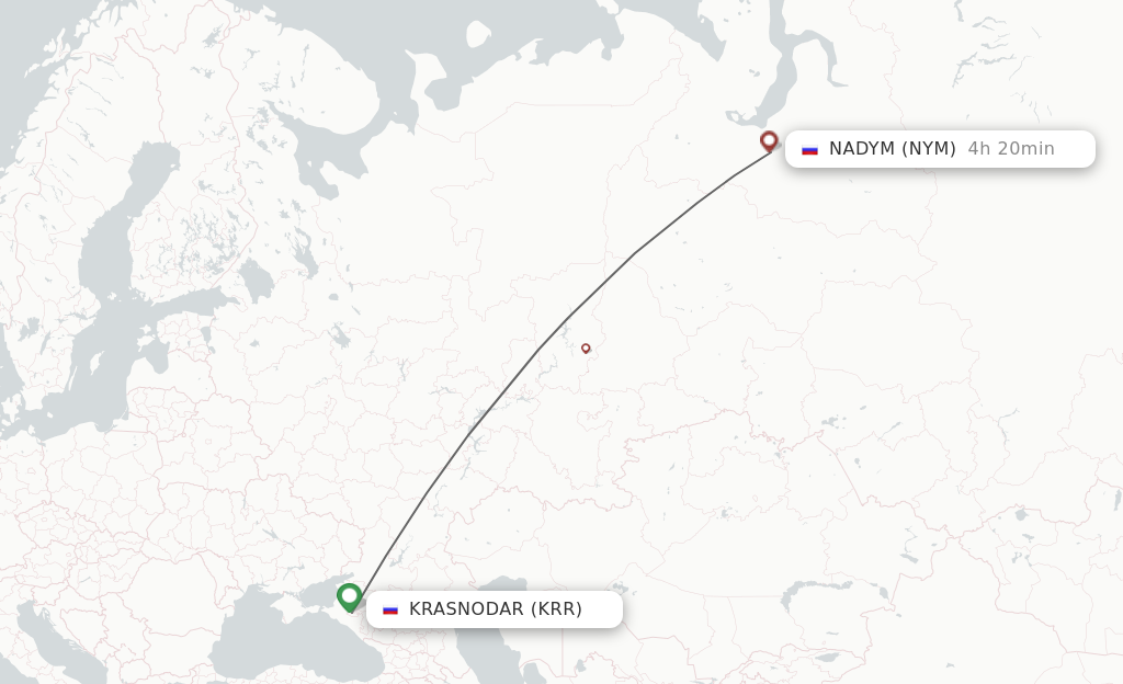 Flights from Krasnodar to Nadym route map