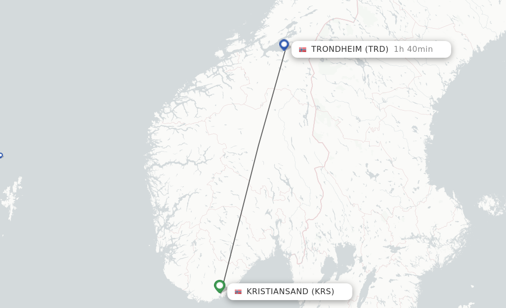 Flights from Kristiansand to Trondheim route map