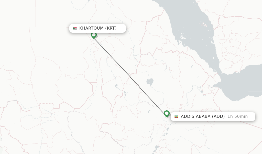 Flights from Khartoum to Addis Ababa route map