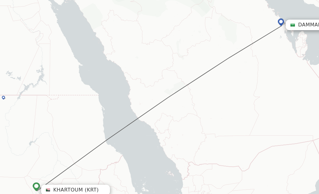 Flights from Khartoum to Dammam route map