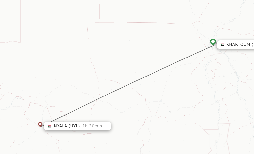 Flights from Khartoum to Nyala route map
