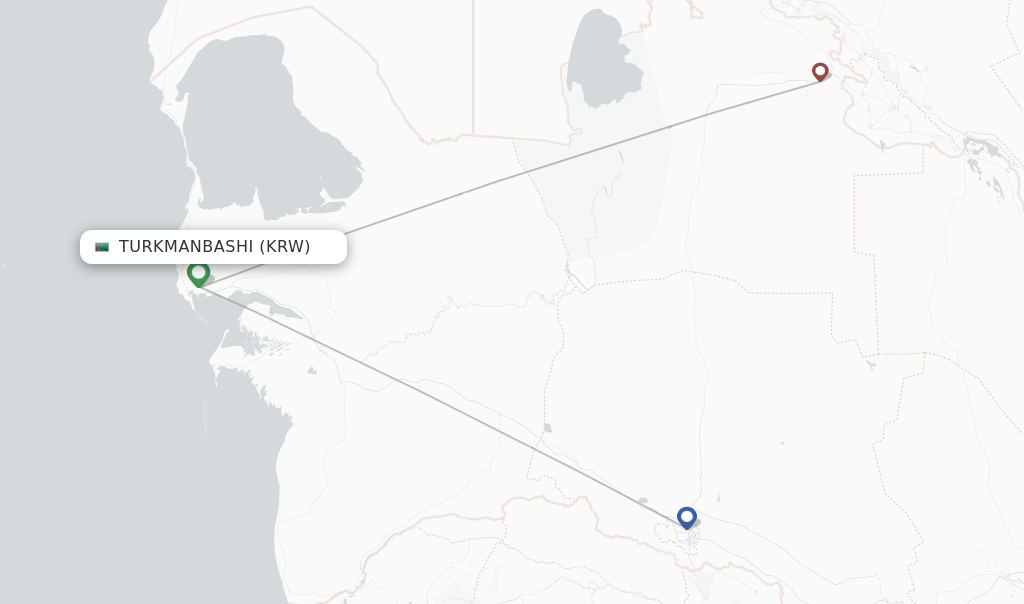 Route map with flights from Turkmanbashi with Turkmenistan Airlines