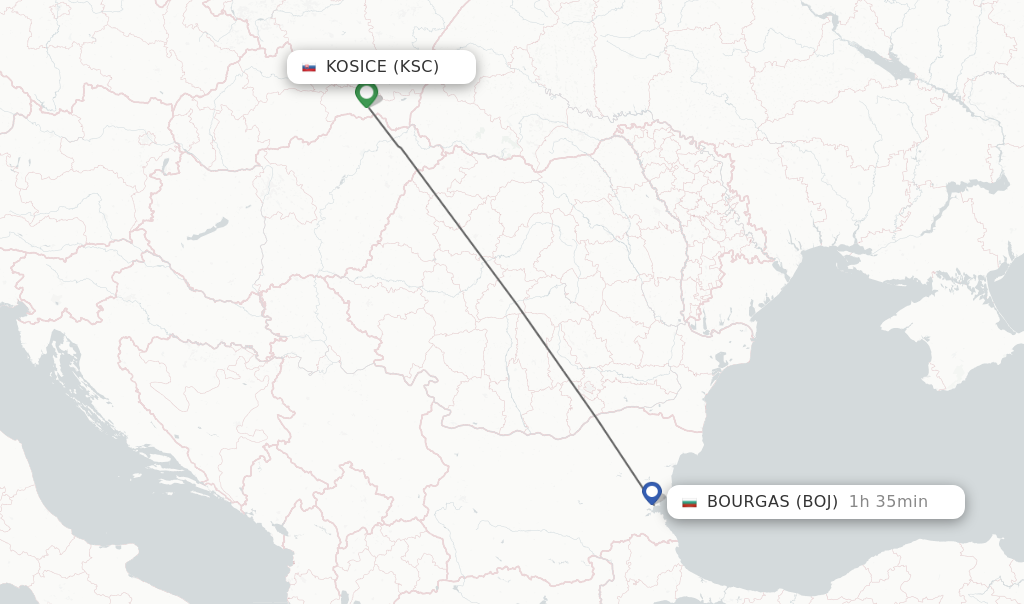 Flights from Kosice to Burgas route map