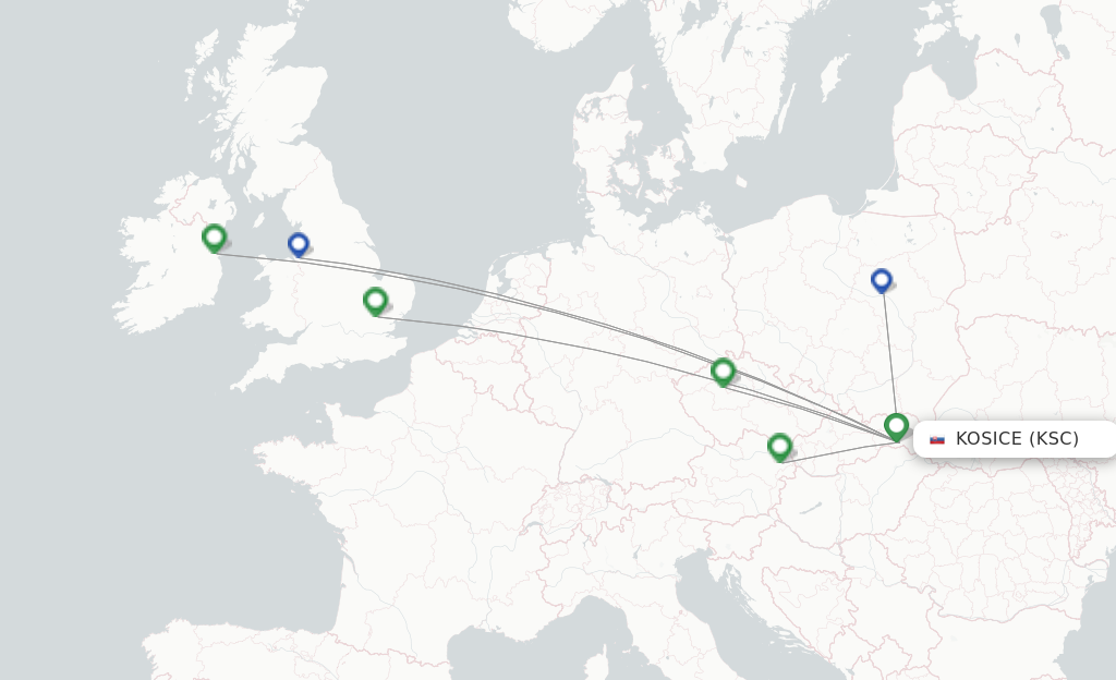 Route map with flights from Kosice with Ryanair