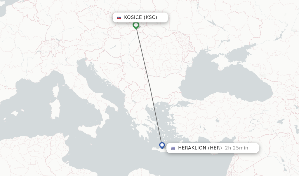 Flights from Kosice to Heraklion route map