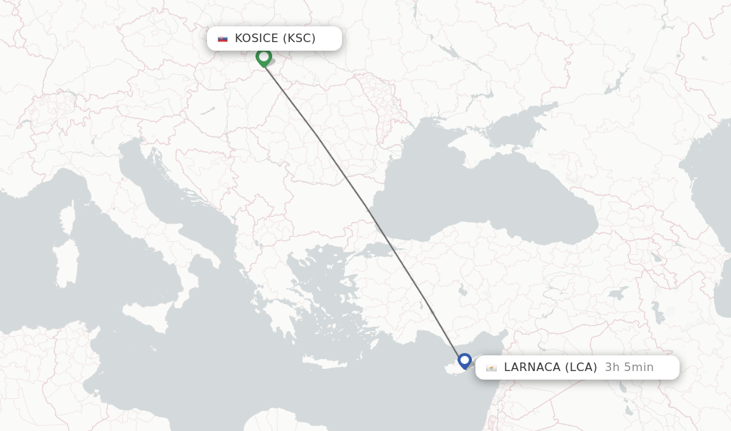 Flights from Kosice to Larnaca route map