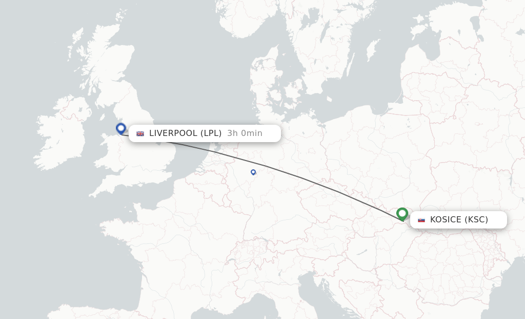Flights from Kosice to Liverpool route map