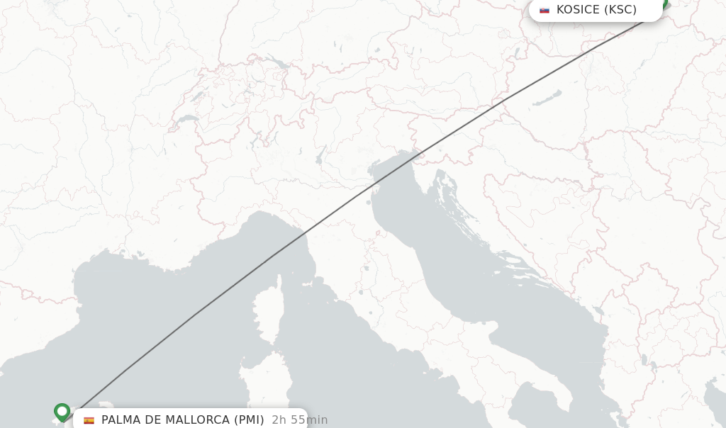 Flights from Kosice to Palma de Mallorca route map