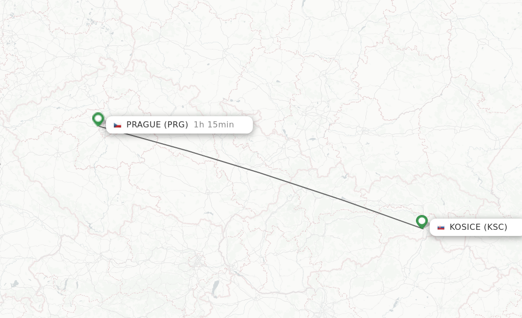 Flights from Kosice to Prague route map