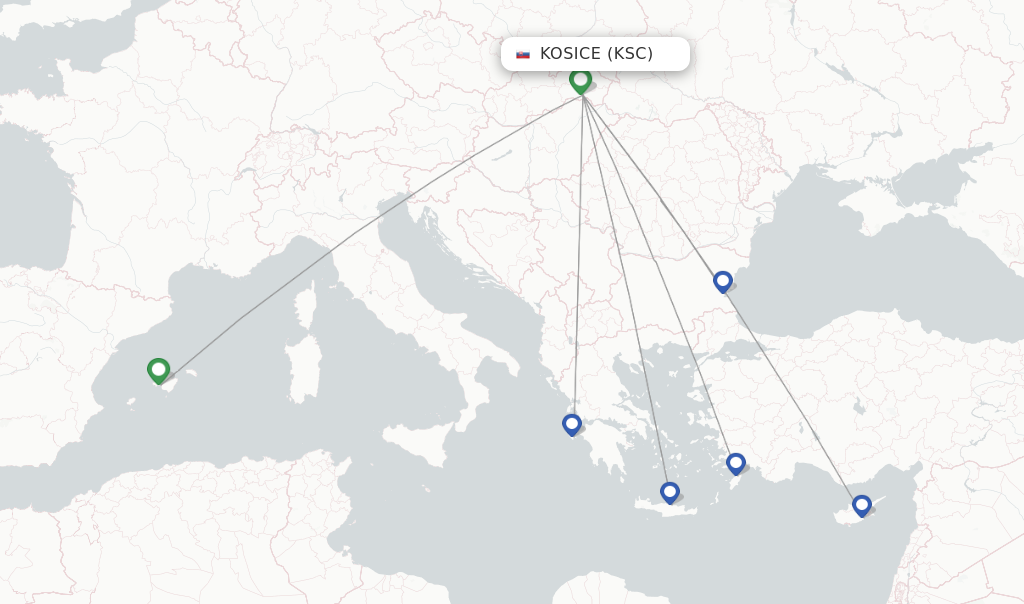 Route map with flights from Kosice with SmartWings