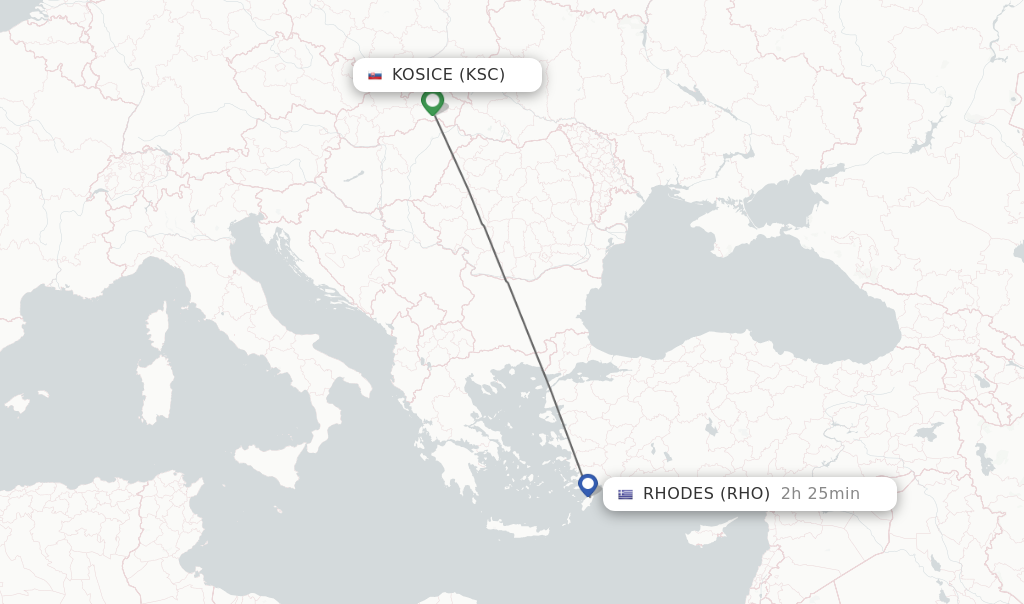 Flights from Kosice to Rhodes route map