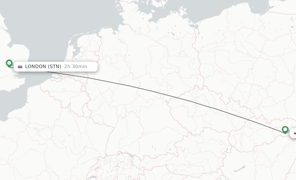 Flights from Kosice to London route map