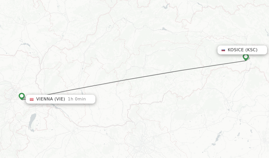 Flights from Kosice to Vienna route map