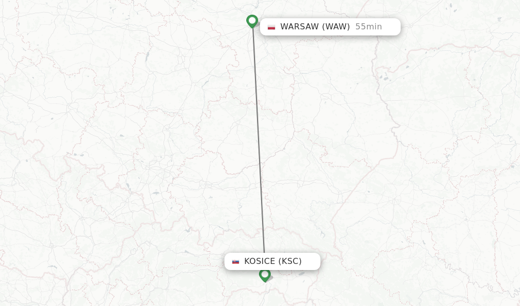 Flights from Kosice to Warsaw route map