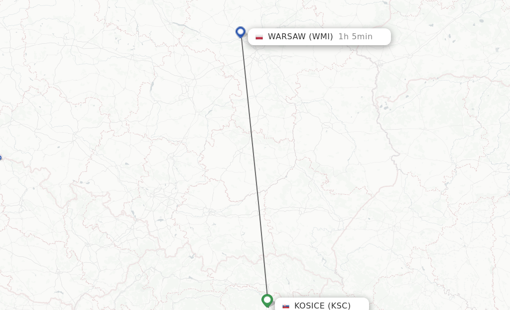 Flights from Kosice to Modlin route map