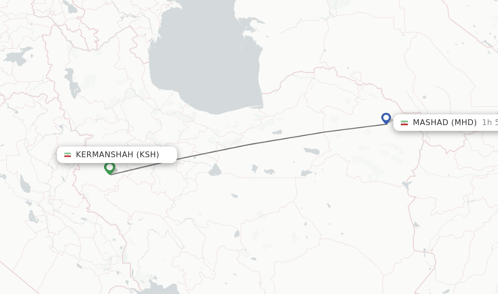Flights from Kermanshah to Mashad route map
