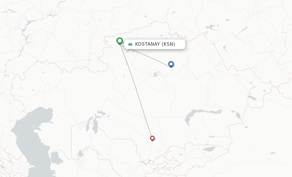 Route map with flights from Kostanay with Qazaq Air