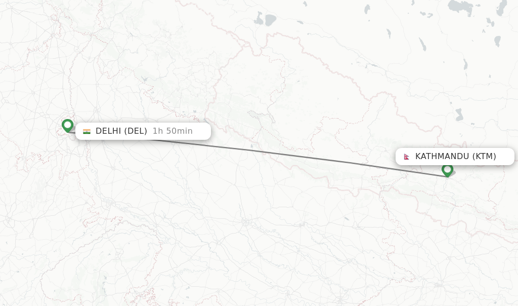 Flights from Kathmandu to Delhi route map