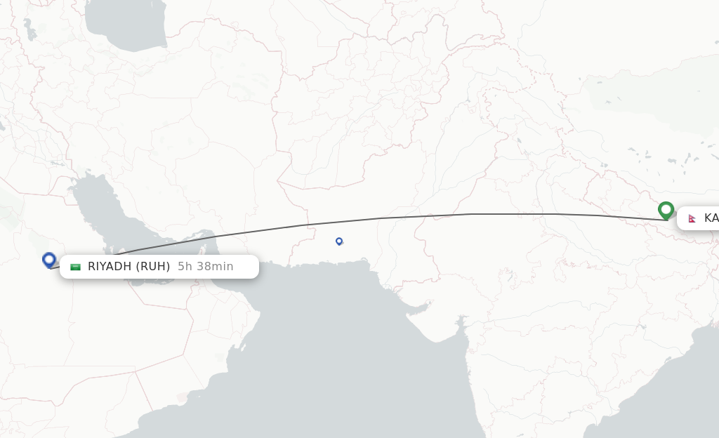 Flights from Kathmandu to Riyadh route map