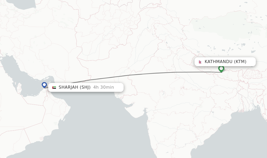 Flights from Kathmandu to Sharjah route map