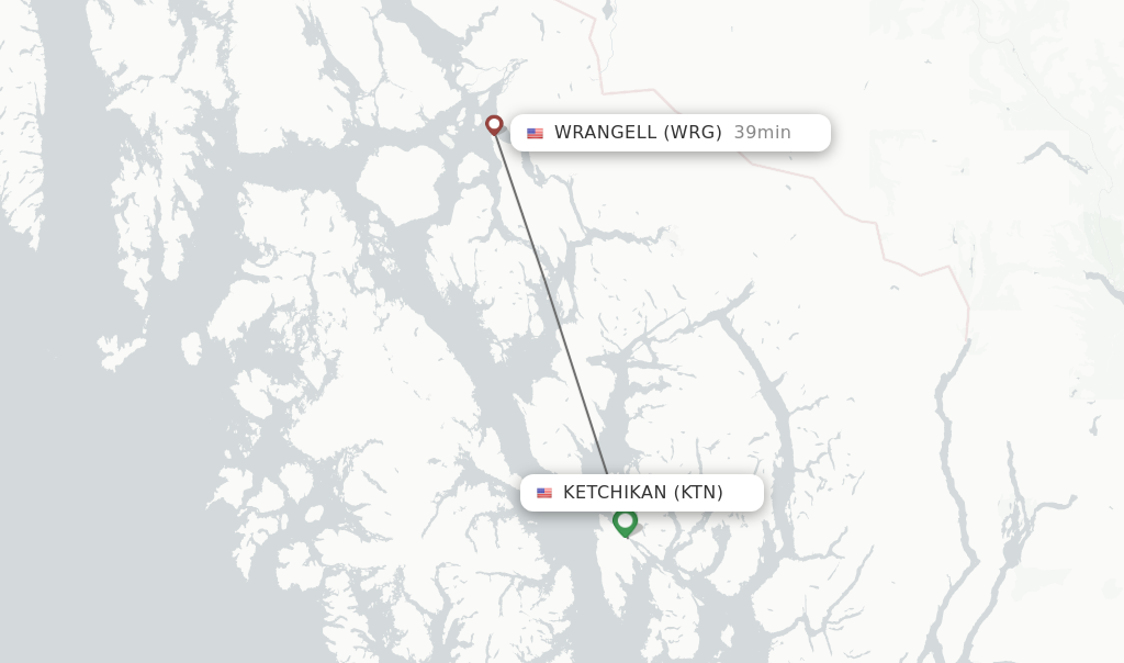 Flights from Ketchikan to Wrangell route map