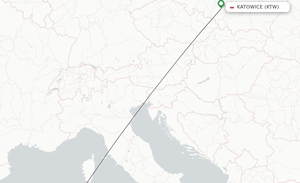 Flights from Katowice to Alghero route map