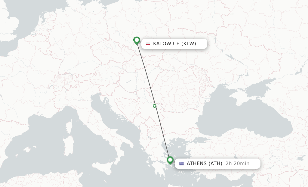Flights from Katowice to Athens route map