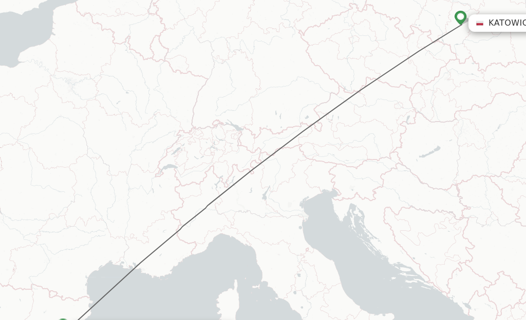 Flights from Katowice to Barcelona route map