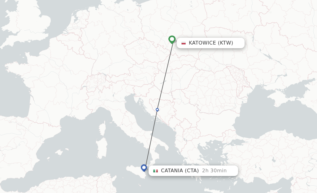 Flights from Katowice to Catania route map