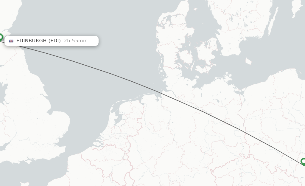 Flights from Katowice to Edinburgh route map