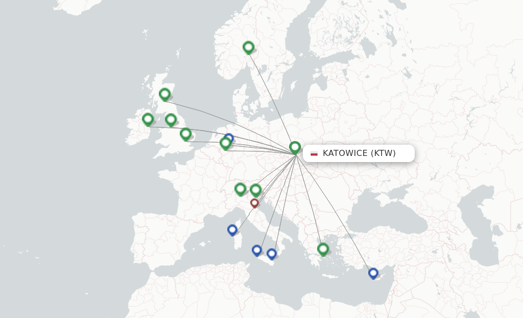 Route map with flights from Katowice with Ryanair