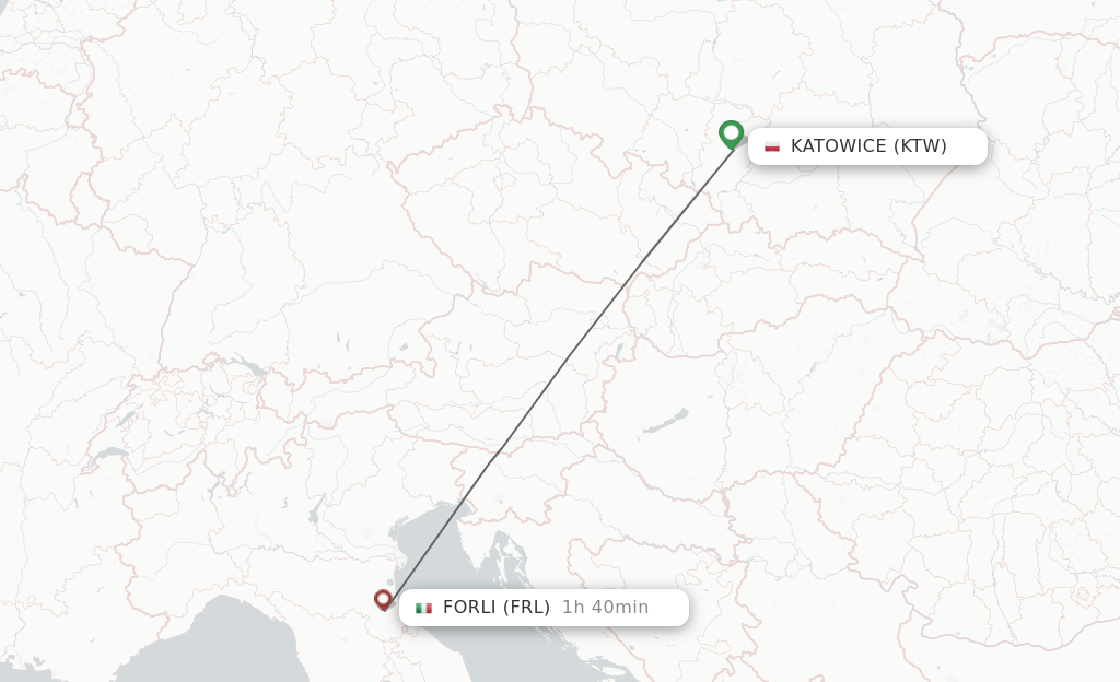 Flights from Katowice to Forli route map