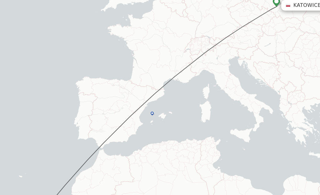 Flights from Katowice to Puerto del Rosario route map
