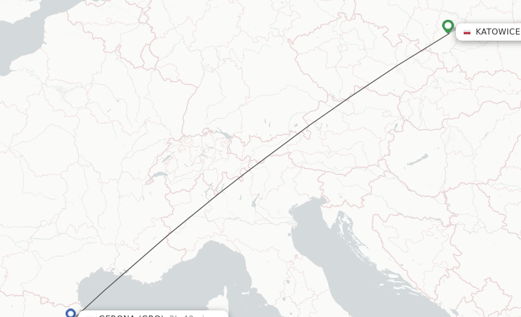 Flights from Katowice to Girona route map