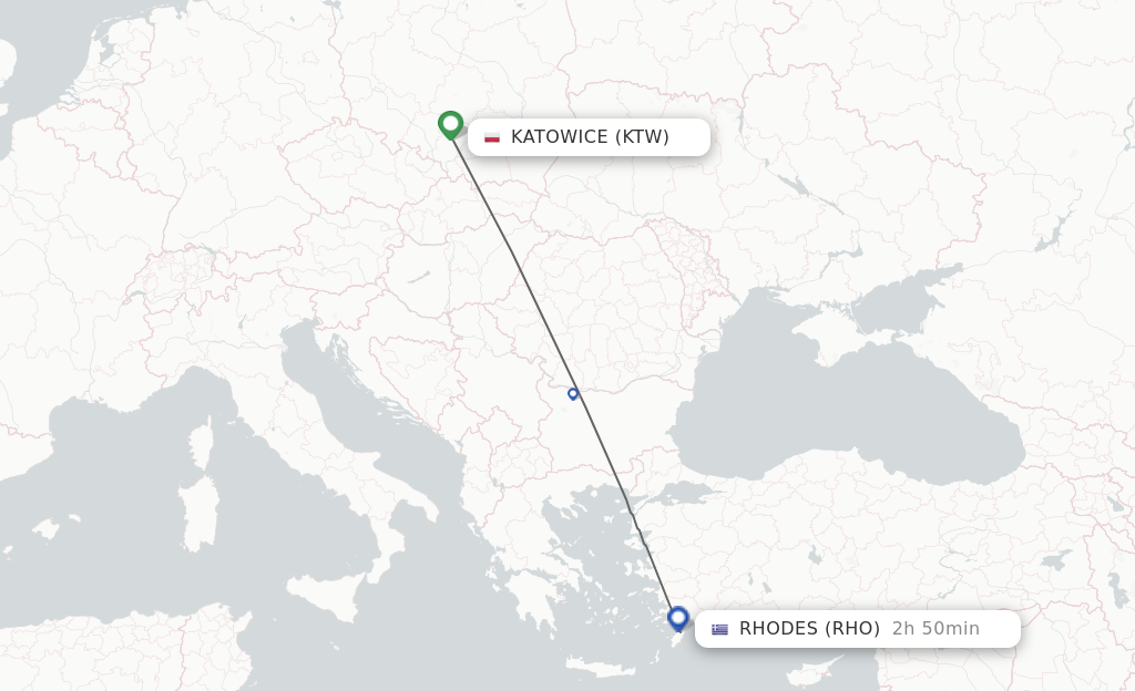 Flights from Katowice to Rhodes route map