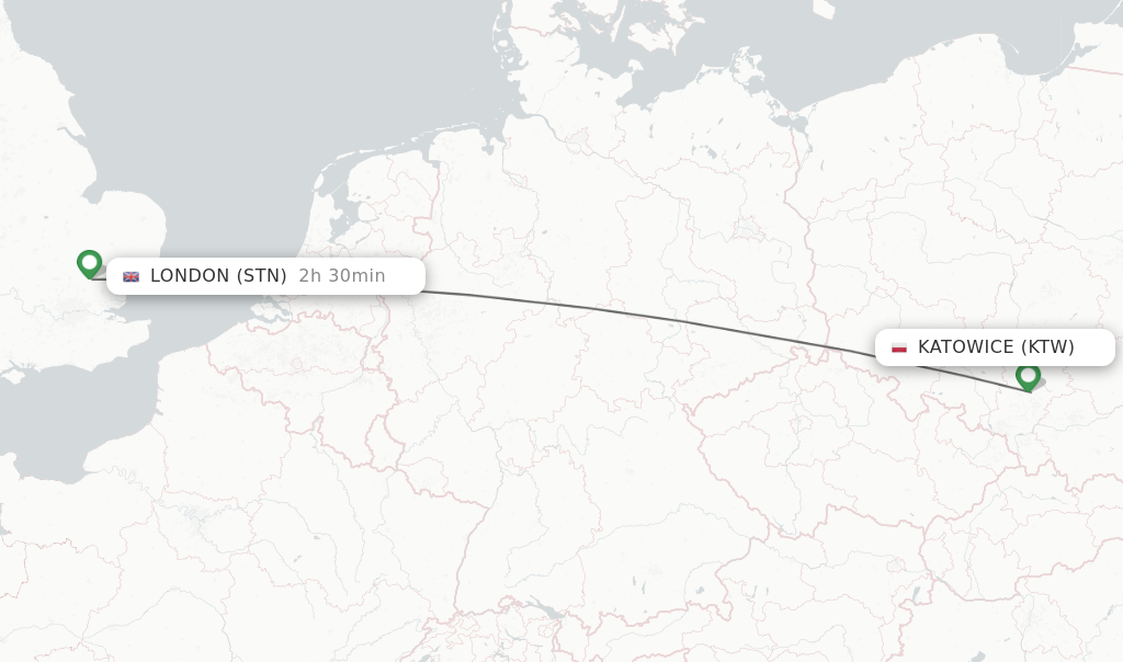 Flights from Katowice to London route map