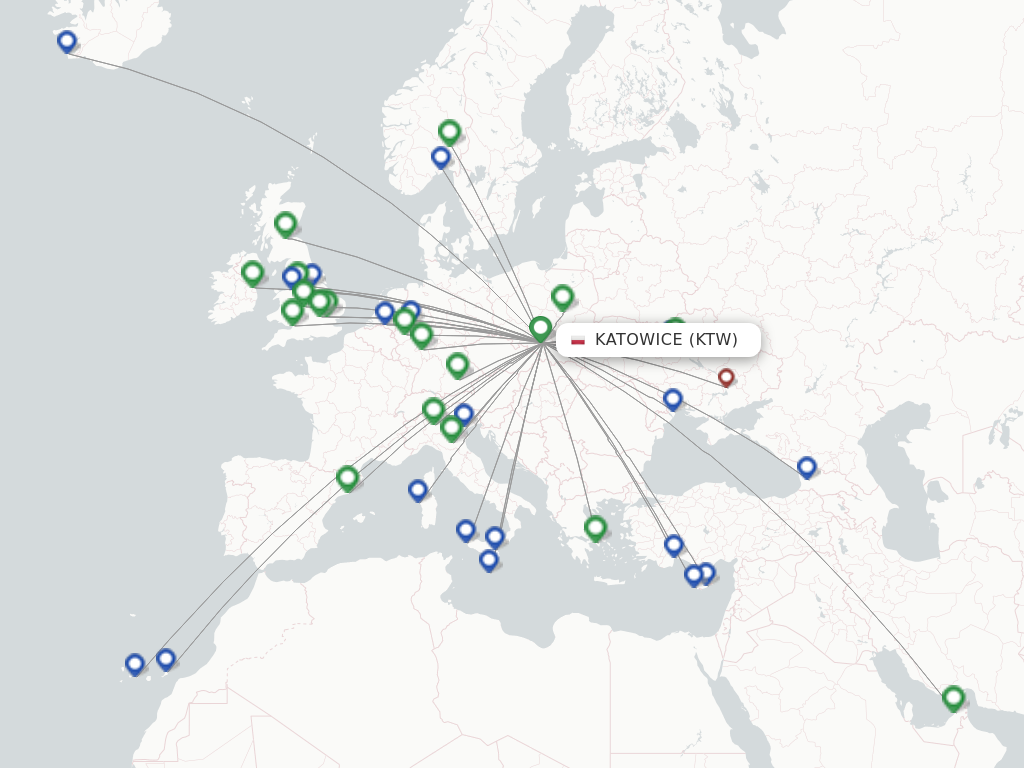 Flights from Katowice to Copenhagen route map