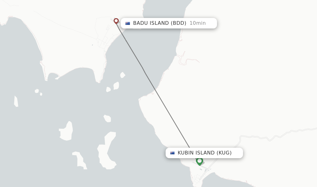 Flights from Kubin Island to Badu Island route map